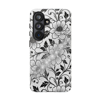Floral Lace Phone Case — Black & White Vintage Flower Protective Case