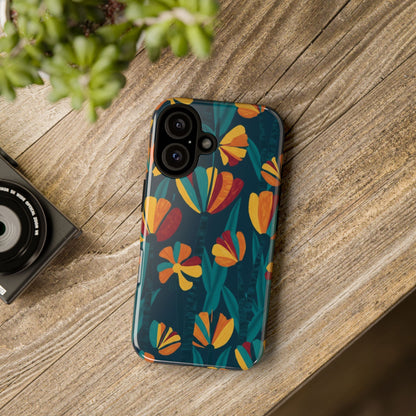 Floral Retro Teal Tough Phone Case — Vibrant Orange & Mustard Blooms