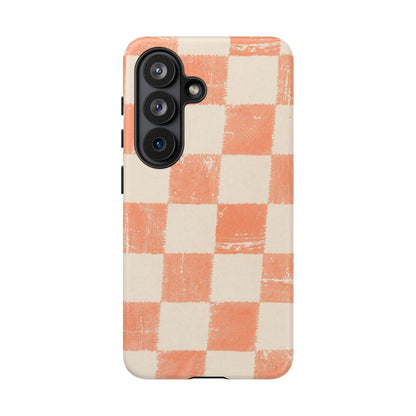 Peach Checkerboard Tough Phone Case — Retro Distressed Grid Design