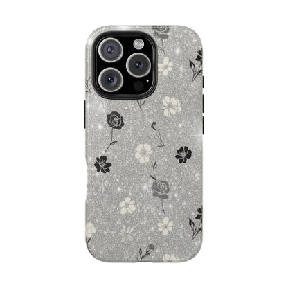 Floral Glitter Tough Phone Case — Black & Silver Vintage Flower Protective Cover