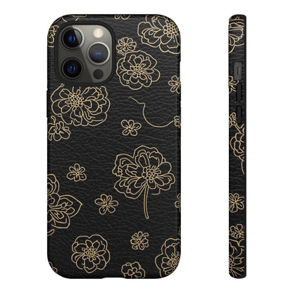 Floral Leather-Texture Tough Case – Black Gold Outline Phone Cover
