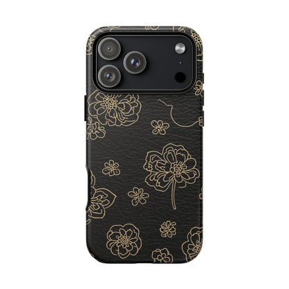 Floral Leather-Texture Tough Case – Black Gold Outline Phone Cover