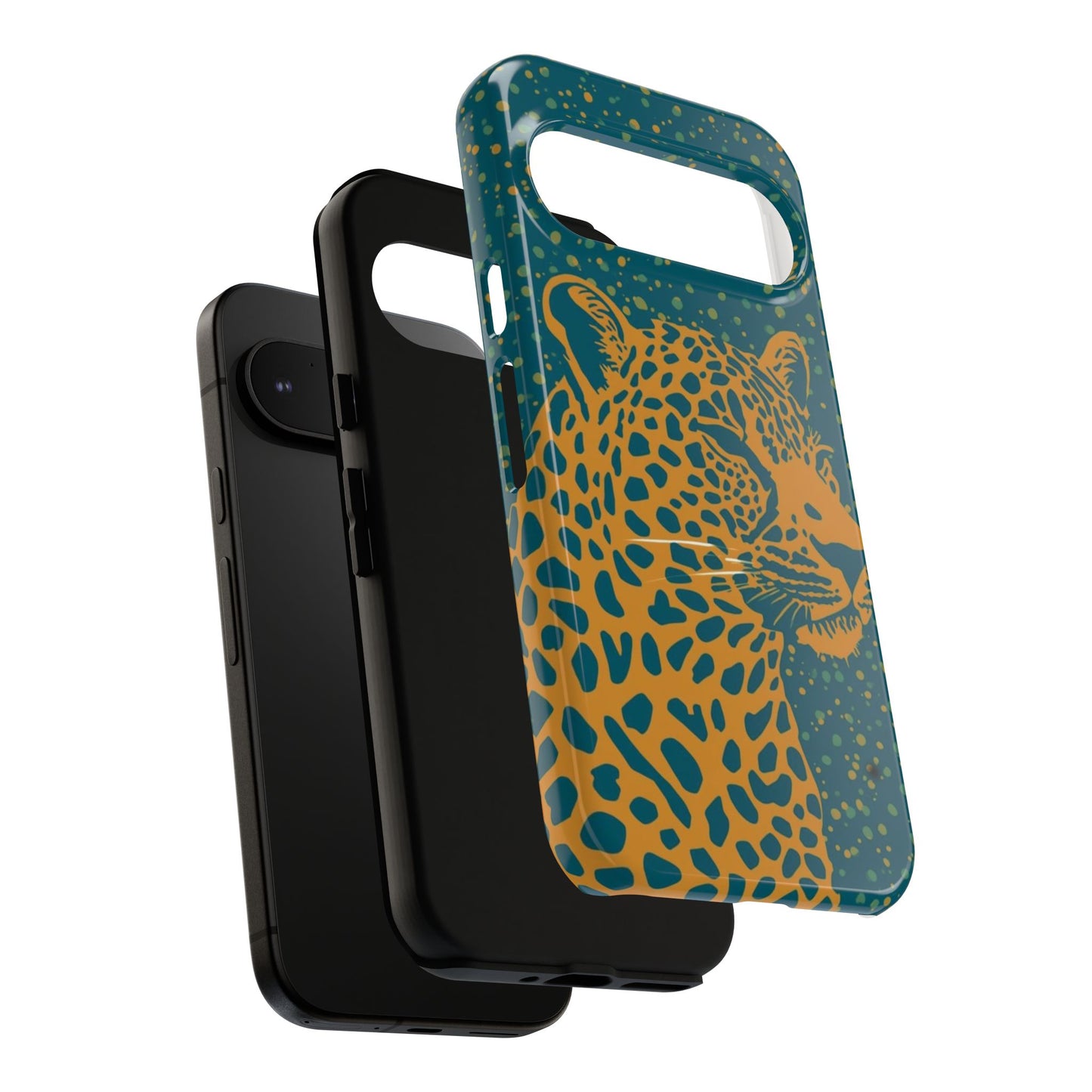 Leopard Print Tough Phone Case — Gold Panther on Teal, Protective iPhone Cover