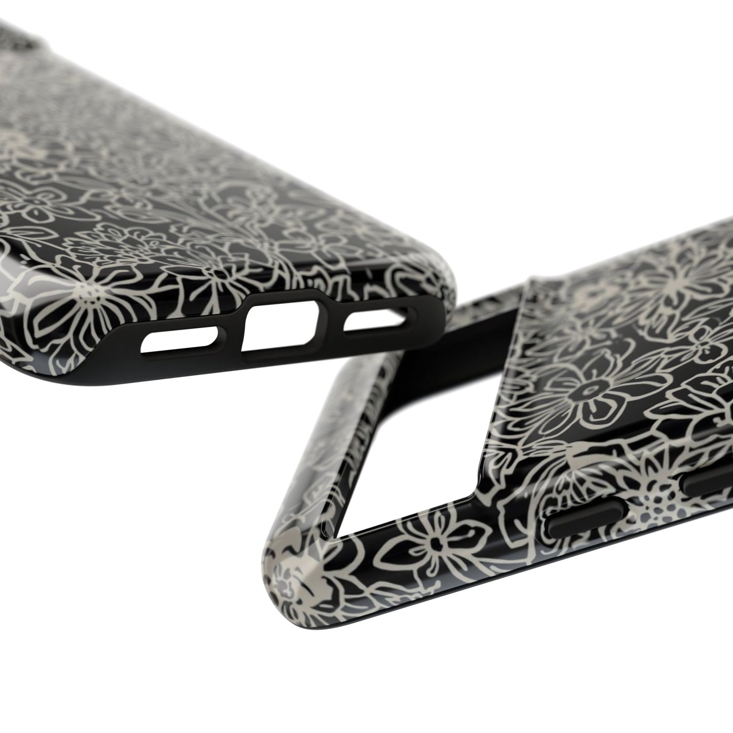 Floral Doodle Tough Phone Case — Black & White Sketch Flower Protective Cover