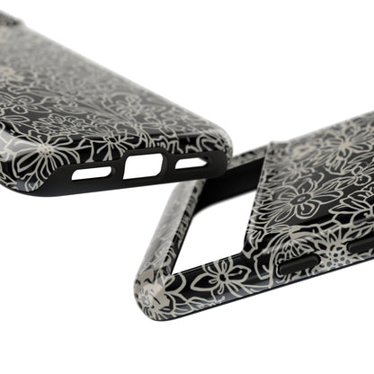 Floral Doodle Tough Phone Case — Black & White Sketch Flower Protective Cover