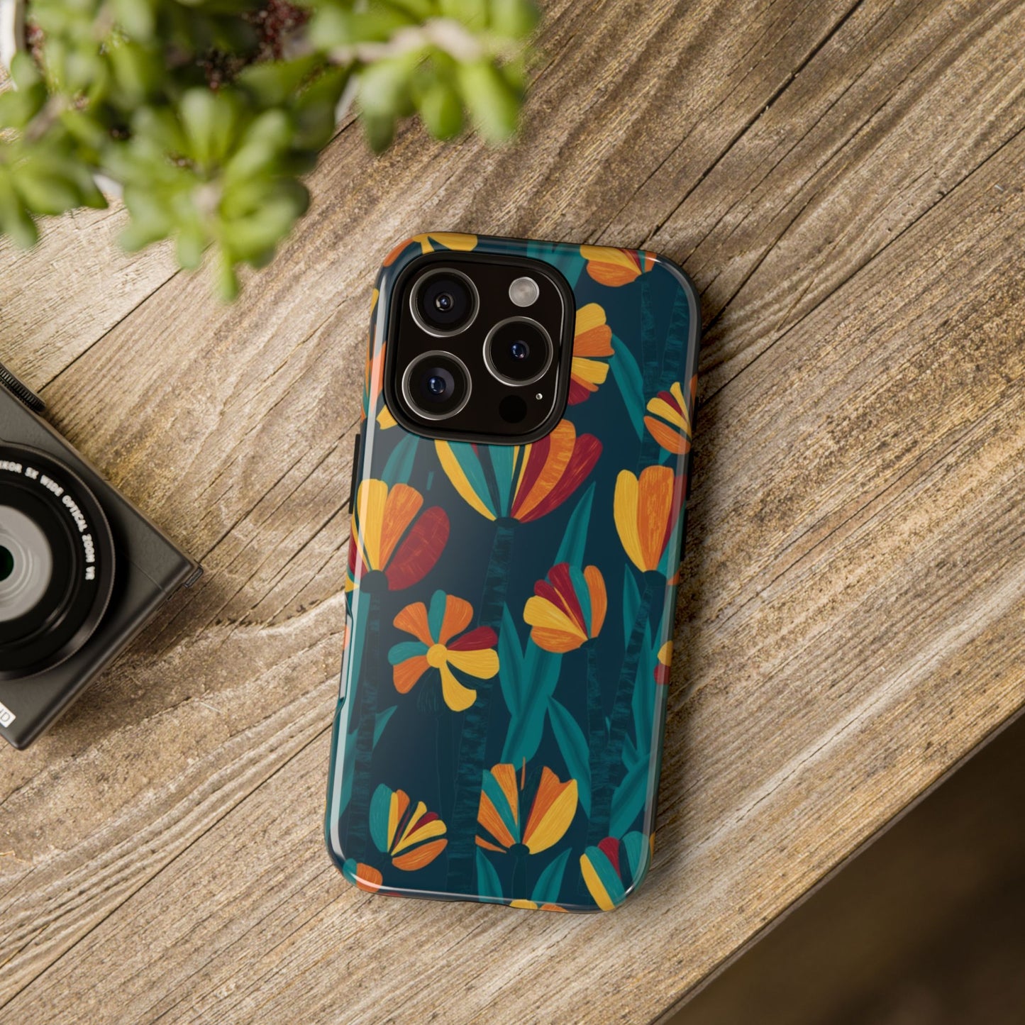 Floral Retro Teal Tough Phone Case — Vibrant Orange & Mustard Blooms