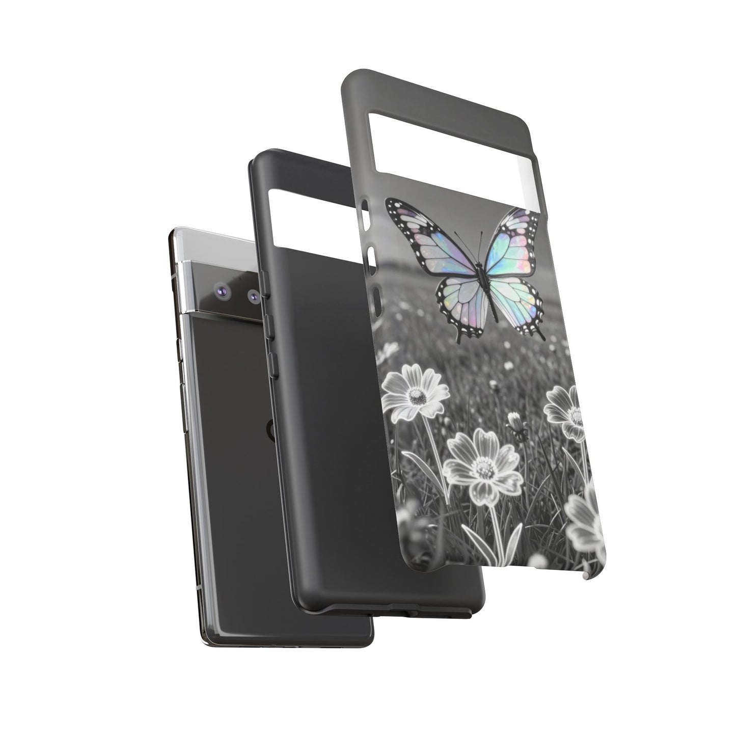 Butterfly Field Tough Phone Case — Pastel Holographic Butterfly on Black & White Floral Background