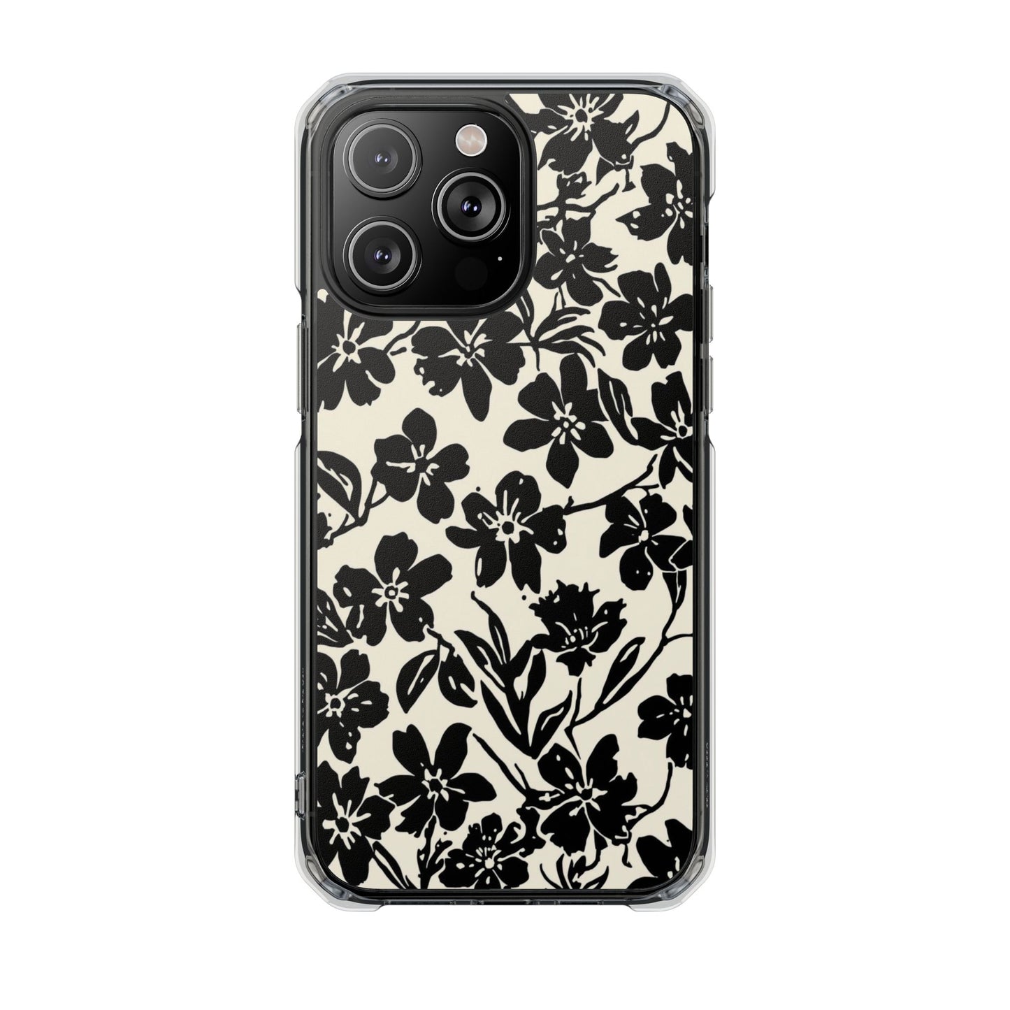 Clear Magnetic Phone Case — Black Floral Silhouette Design