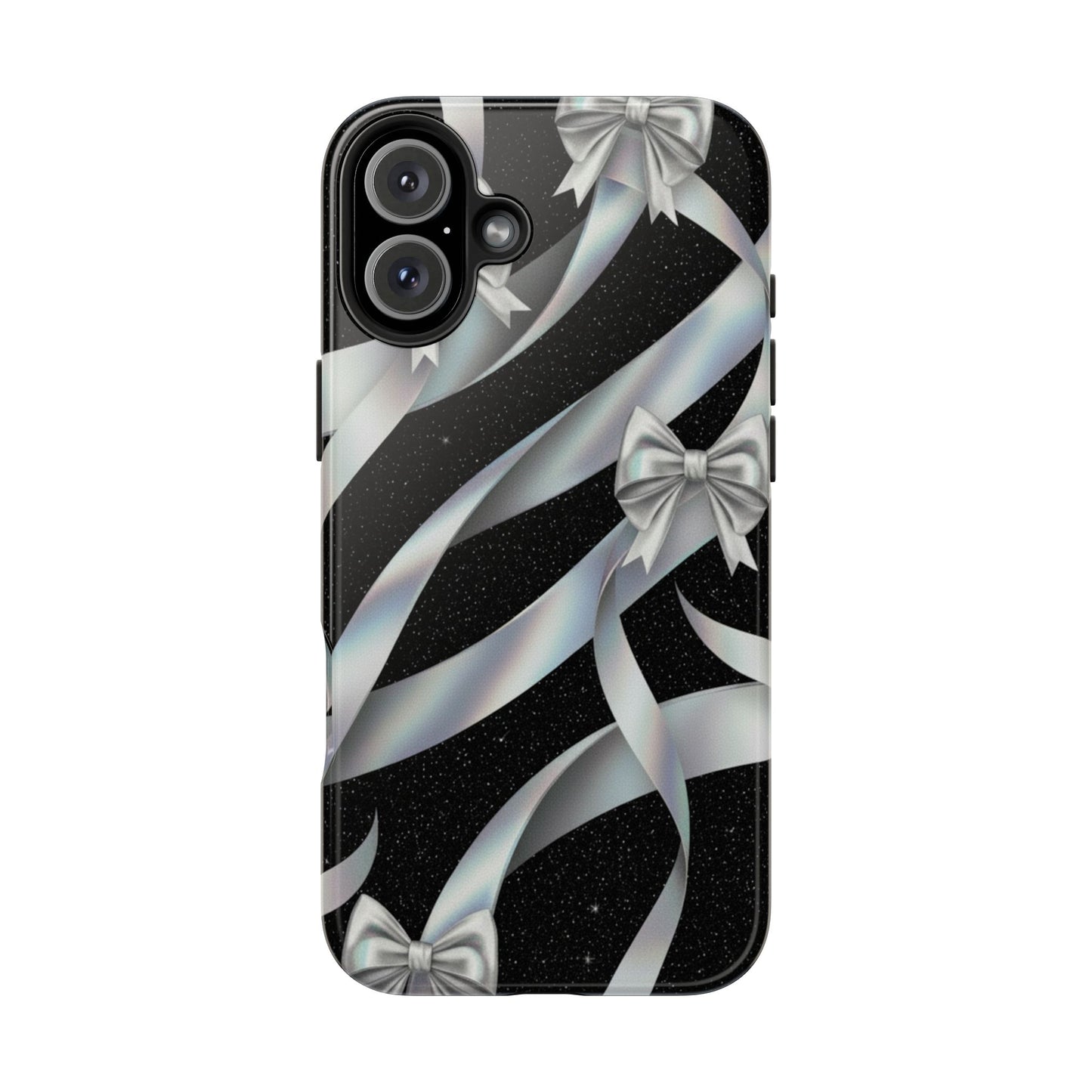Silver Ribbon Bow Tough Phone Case — Glitter Black Protective Phone Case