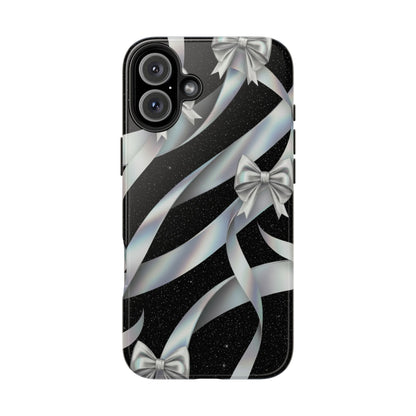 Silver Ribbon Bow Tough Phone Case — Glitter Black Protective Phone Case