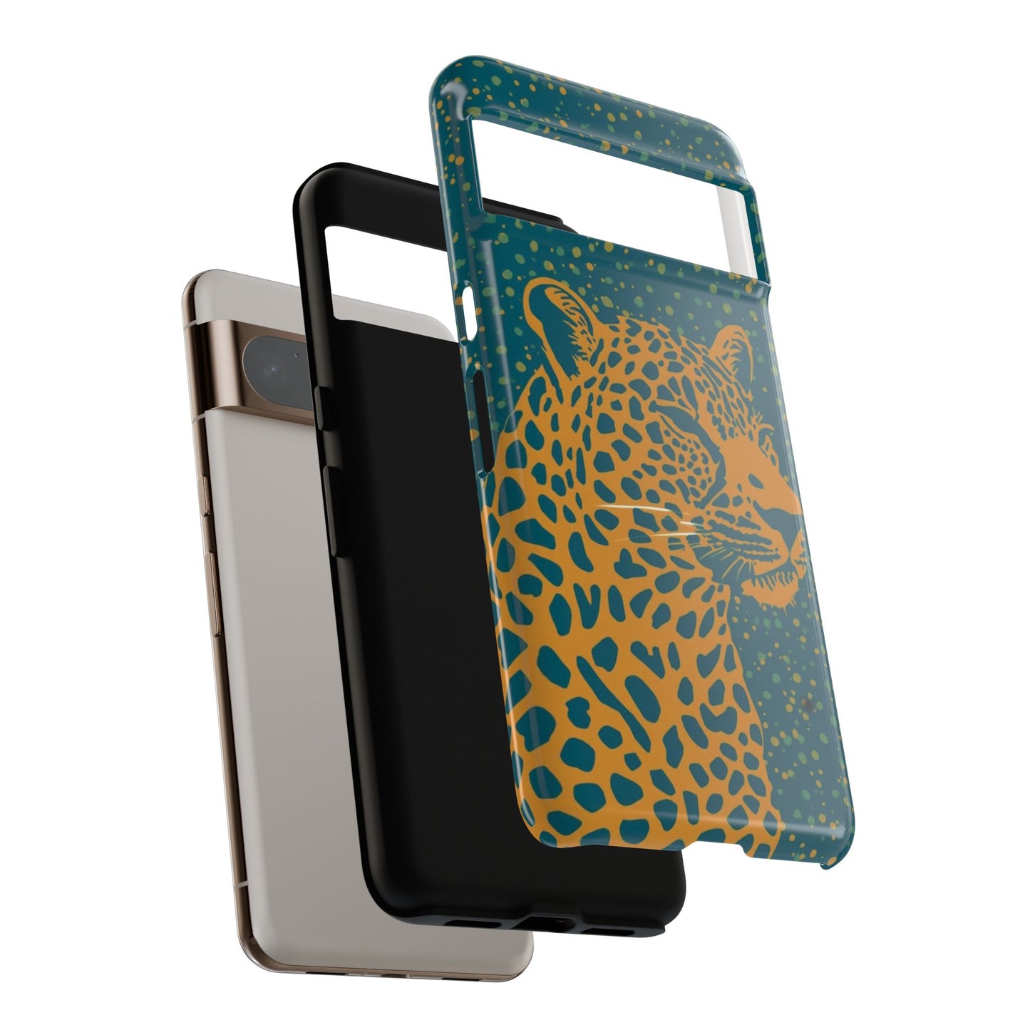 Leopard Print Tough Phone Case — Gold Panther on Teal, Protective iPhone Cover