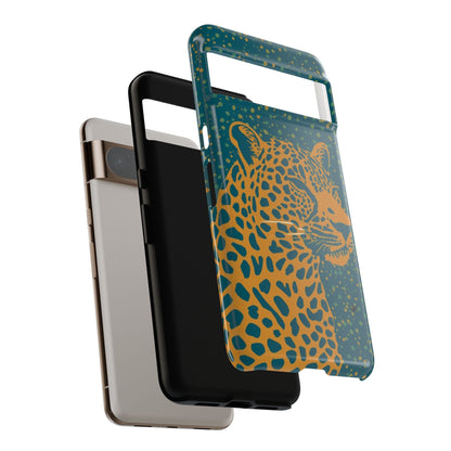 Leopard Print Tough Phone Case — Gold Panther on Teal, Protective iPhone Cover