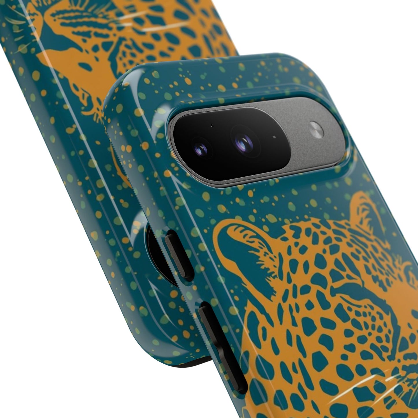 Leopard Print Tough Phone Case — Gold Panther on Teal, Protective iPhone Cover