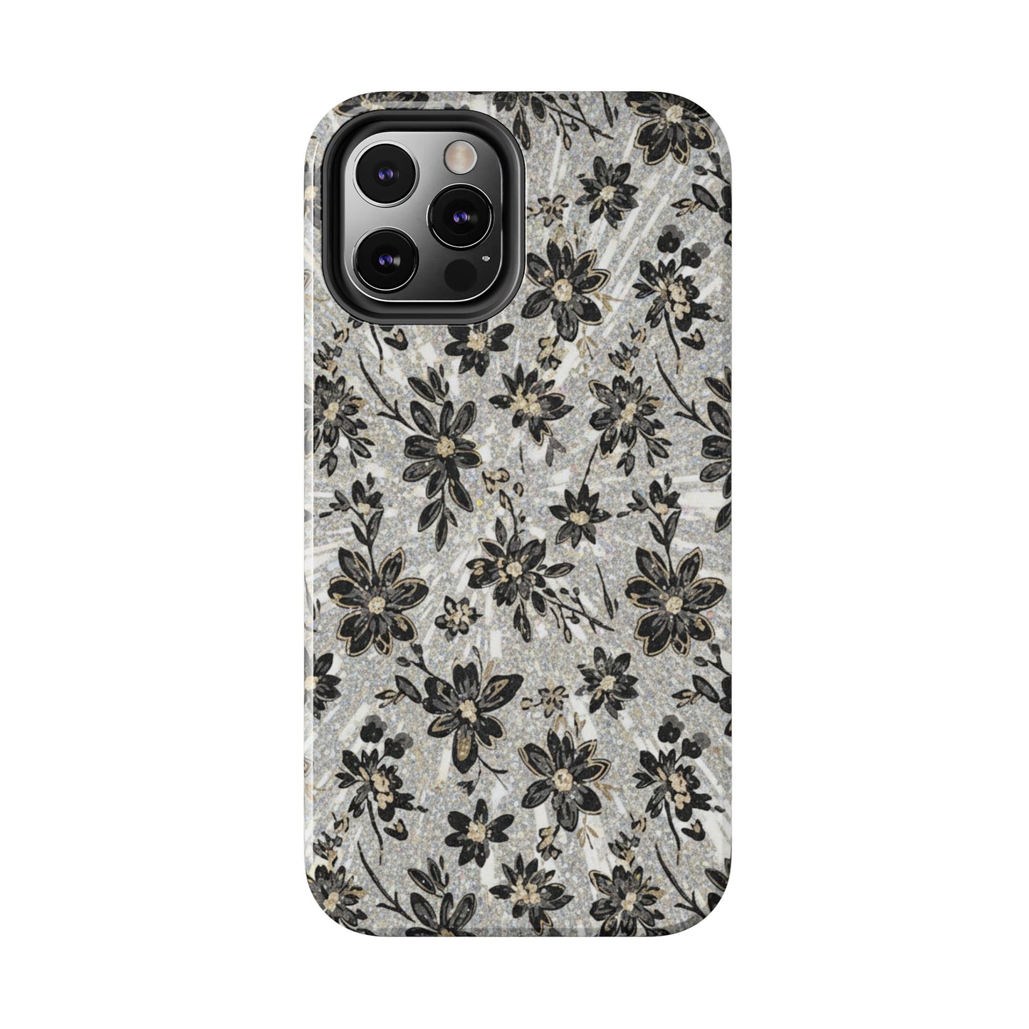 Floral Vintage Tough Phone Case — Black & Gray Rustic Flower Protective Case