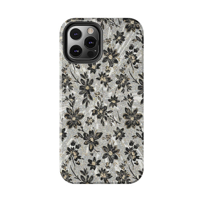 Floral Vintage Tough Phone Case — Black & Gray Rustic Flower Protective Case
