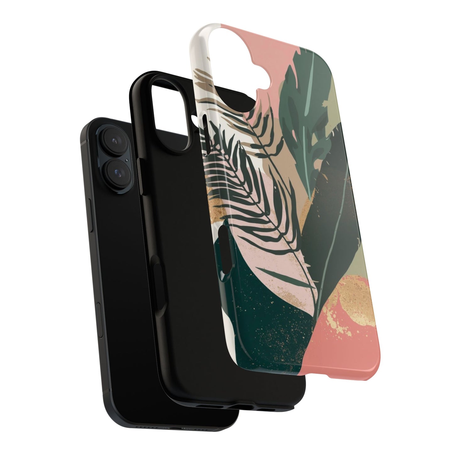 Tropical Leaf Tough Phone Case — Abstract Pink & Green Botanical Protective Cover
