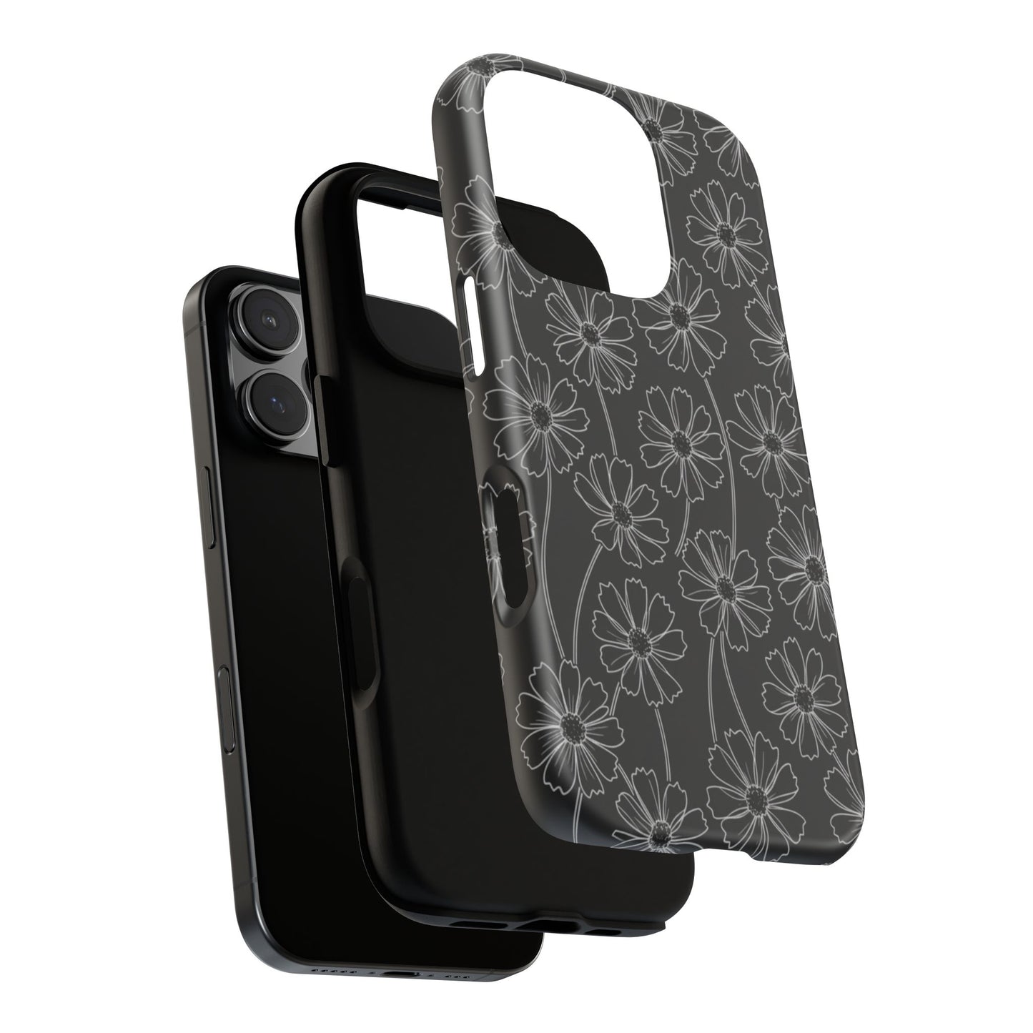 Floral Doodle Tough Phone Case — Black & Gray Daisy Pattern