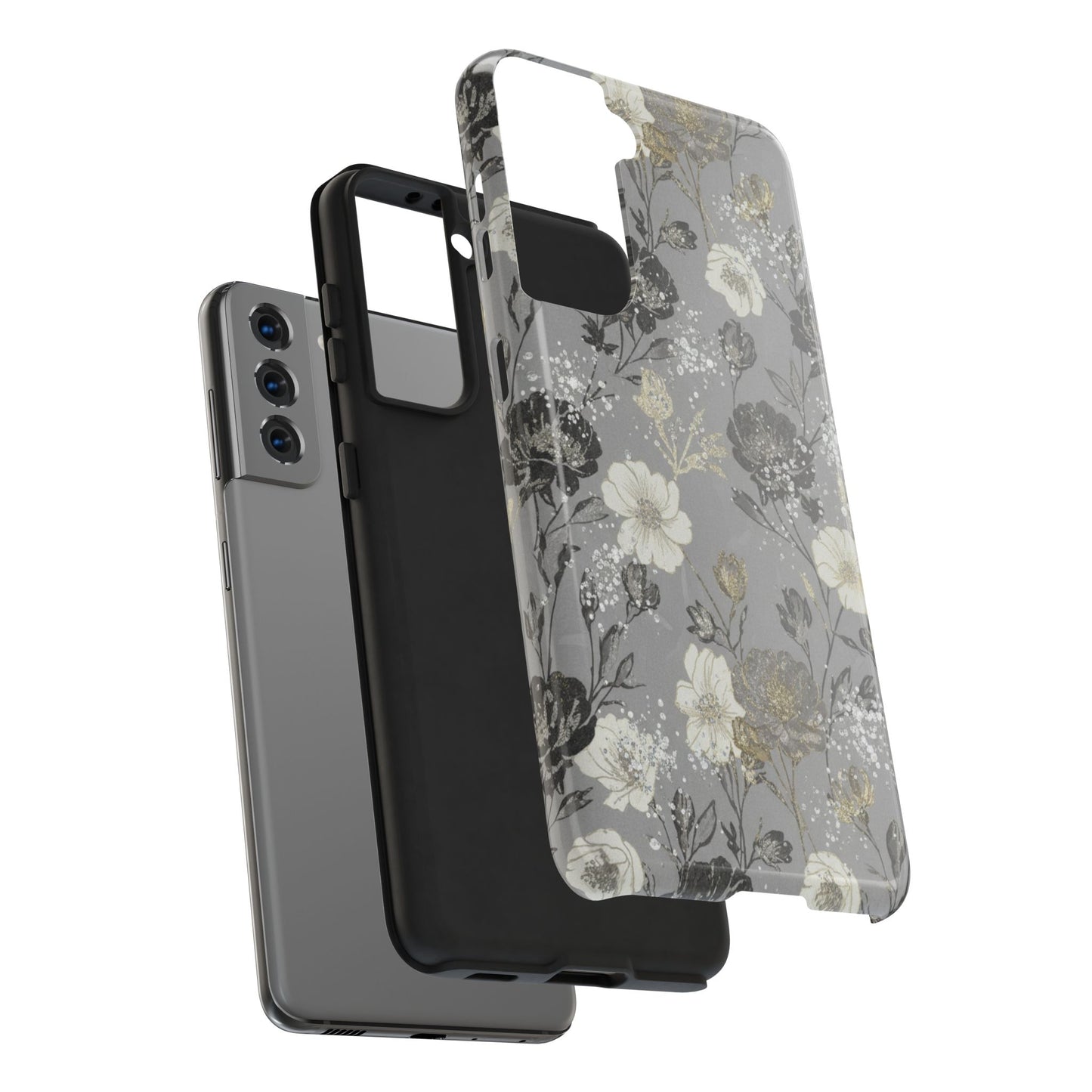 Floral Gray Tough Phone Case — Elegant Protective Phone Cover with Gold Accent