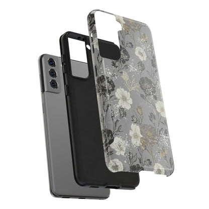 Floral Gray Tough Phone Case — Elegant Protective Phone Cover with Gold Accent