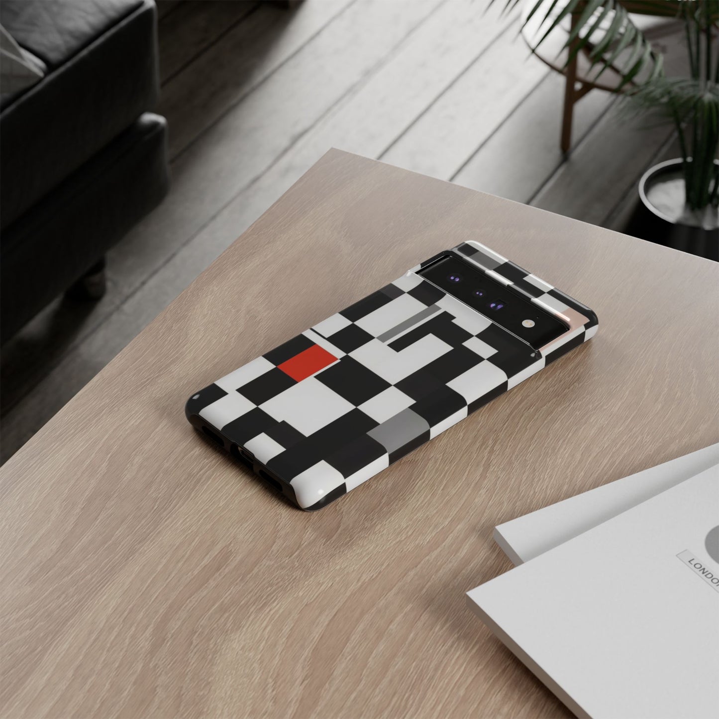Abstract Geometric Phone Case – Black & White Checker Grid with Red Accent