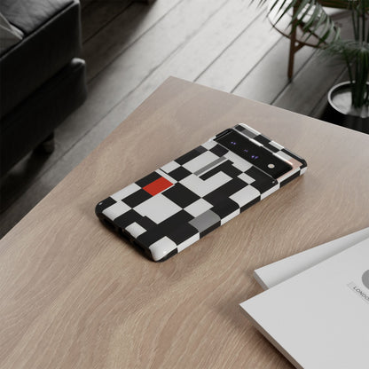 Abstract Geometric Phone Case – Black & White Checker Grid with Red Accent