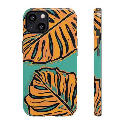 Tropical Leaf Tough Phone Case — Orange Monstera Design on Teal