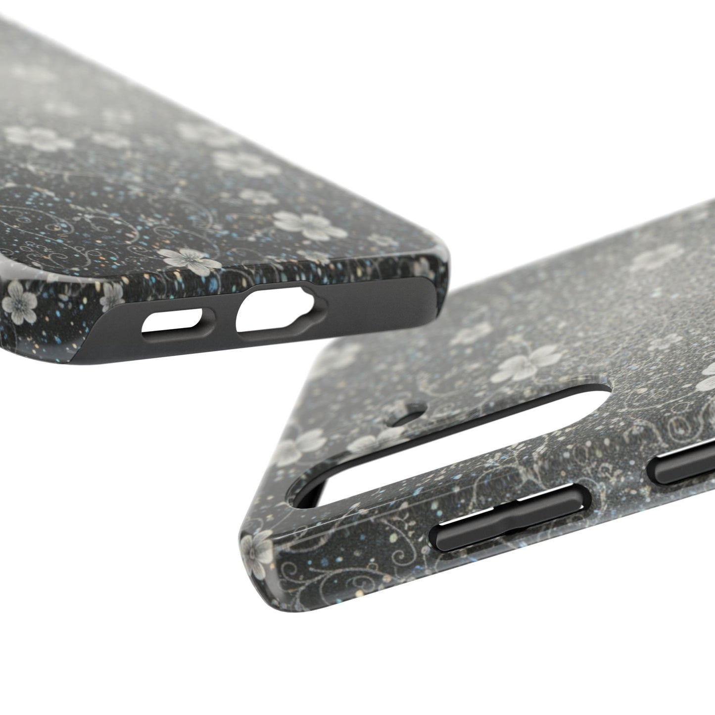 Floral Sparkle Tough Phone Case — Black & Silver Vintage Blossom