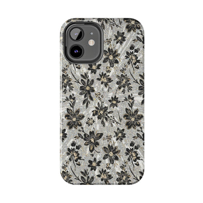 Floral Vintage Tough Phone Case — Black & Gray Rustic Flower Protective Case