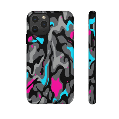 Camouflage Phone Case — Gray Camo with Neon Pink & Cyan Accent Tough Protective Cover