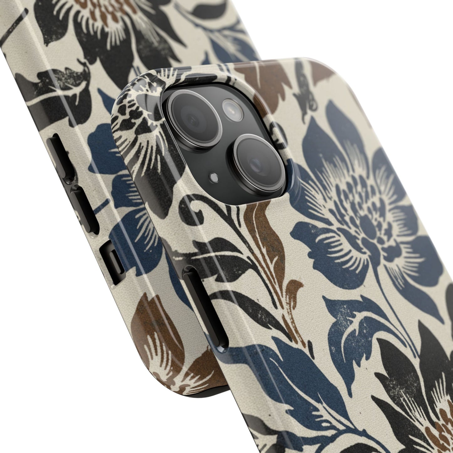 Floral Vintage Tough Phone Case — Blue & Brown Botanical Protection