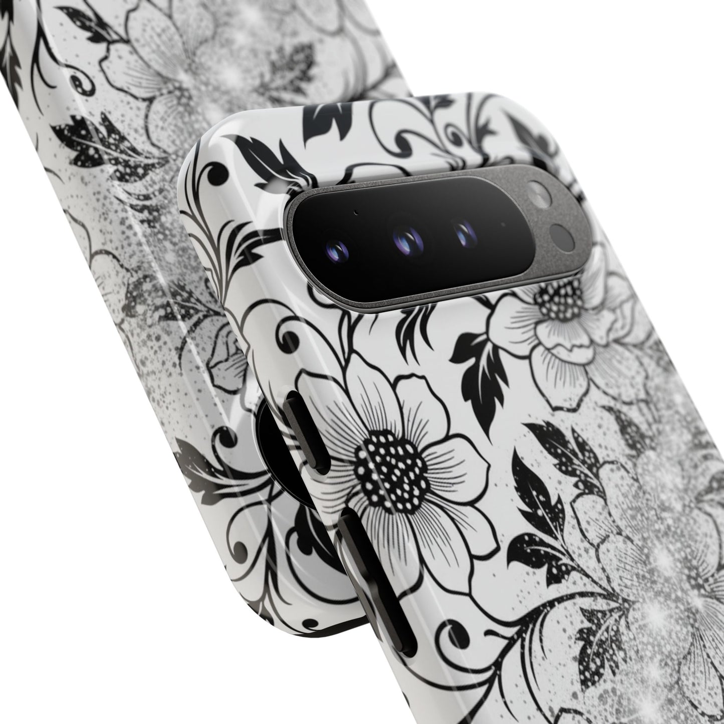 Floral Lace Phone Case — Black & White Vintage Flower Protective Case
