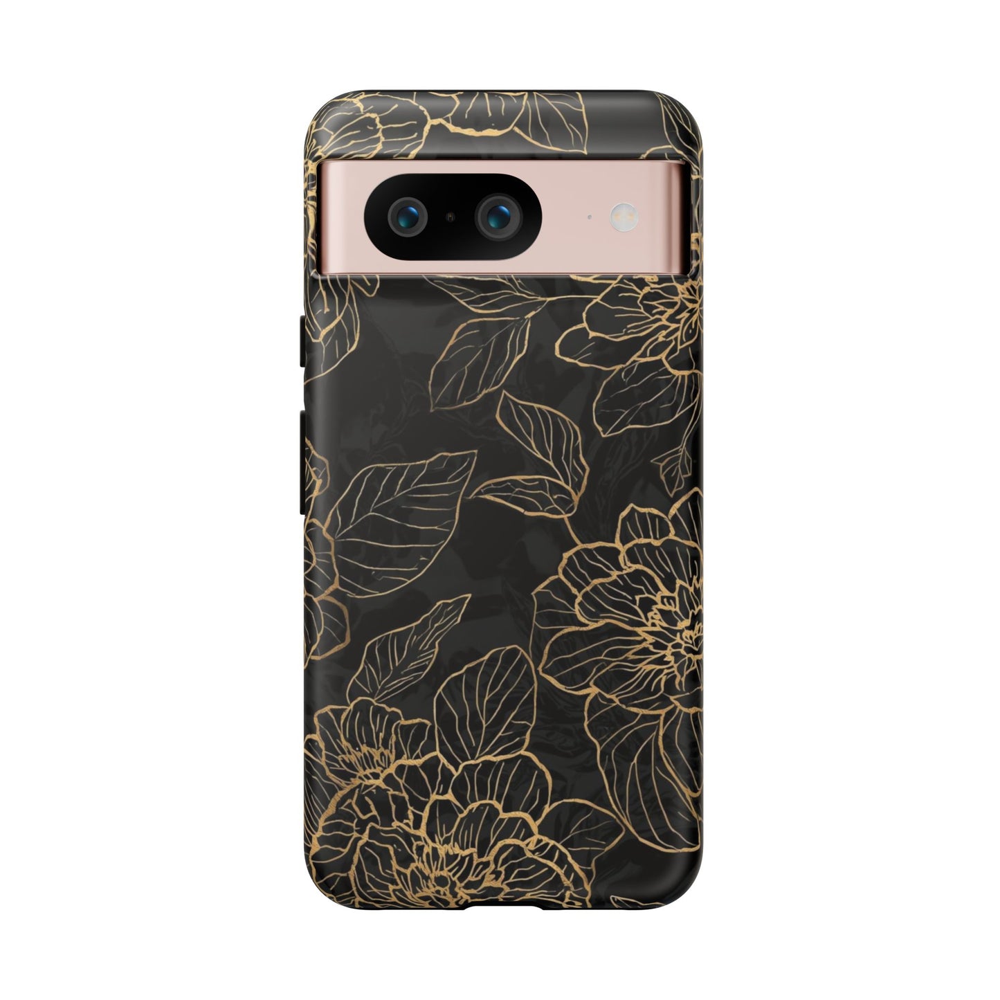Floral Gold Outline Tough Phone Case – Black Botanical Protective Cover