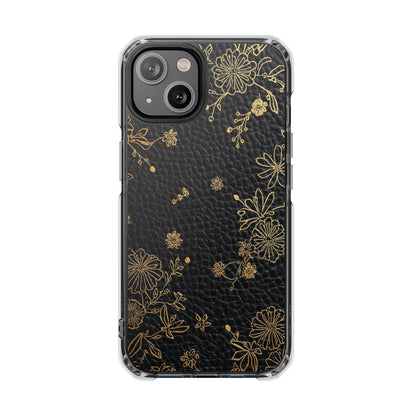 Clear Impact Phone Case — Black Leather Texture with Gold Floral Foil