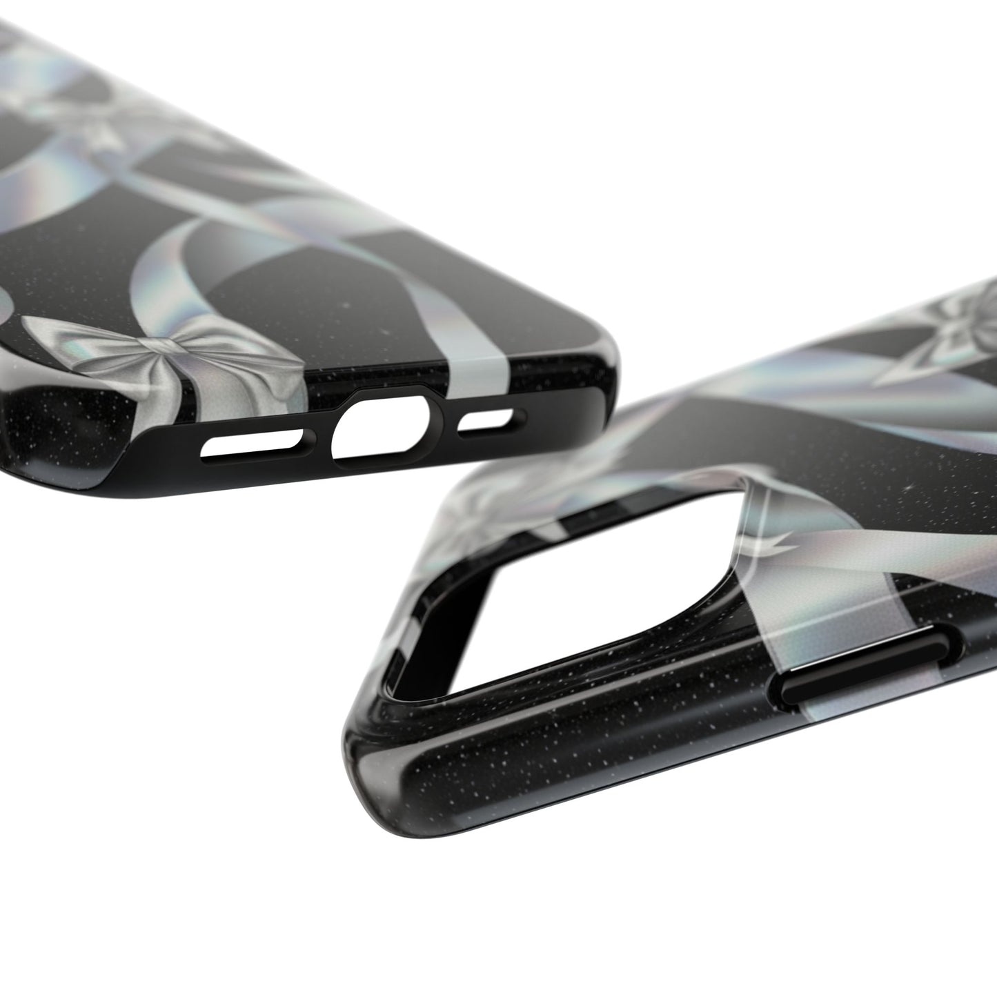 Silver Ribbon Bow Tough Phone Case — Glitter Black Protective Phone Case