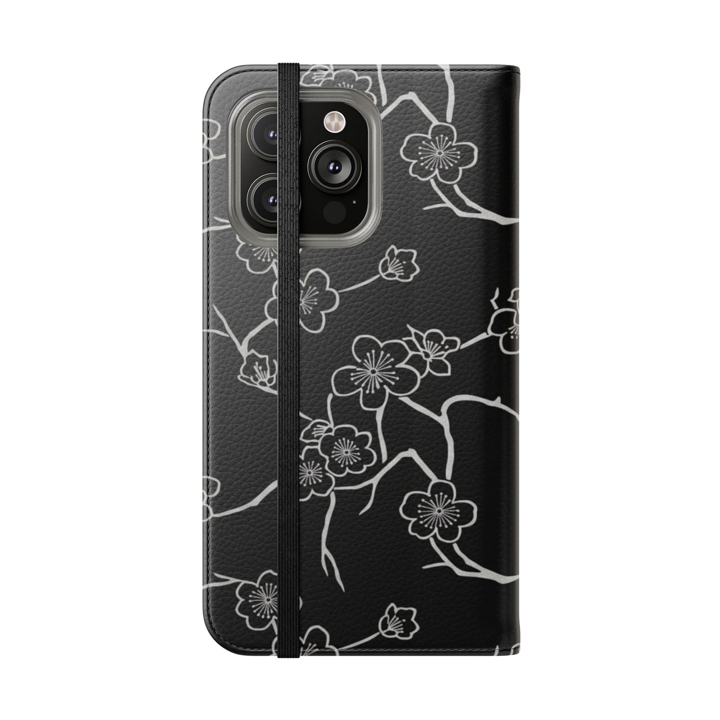 Black Cherry Blossom Flip Phone Case – Floral Wallet Flip Case with Card Slots