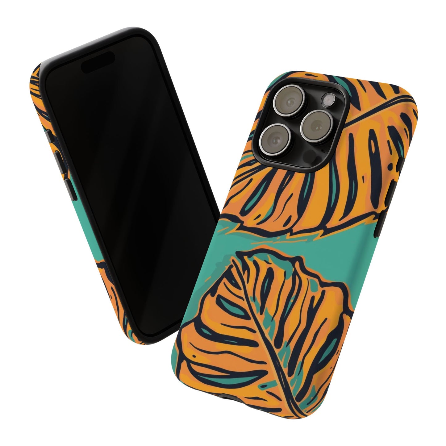 Tropical Leaf Tough Phone Case — Orange Monstera Design on Teal