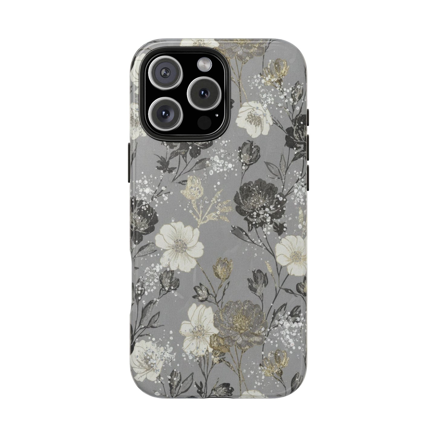 Floral Gray Tough Phone Case — Elegant Protective Phone Cover with Gold Accent