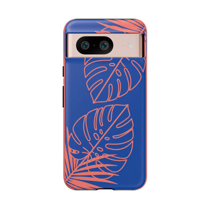 Tropical Monstera Phone Case — Blue & Coral Leaf Protective Cover