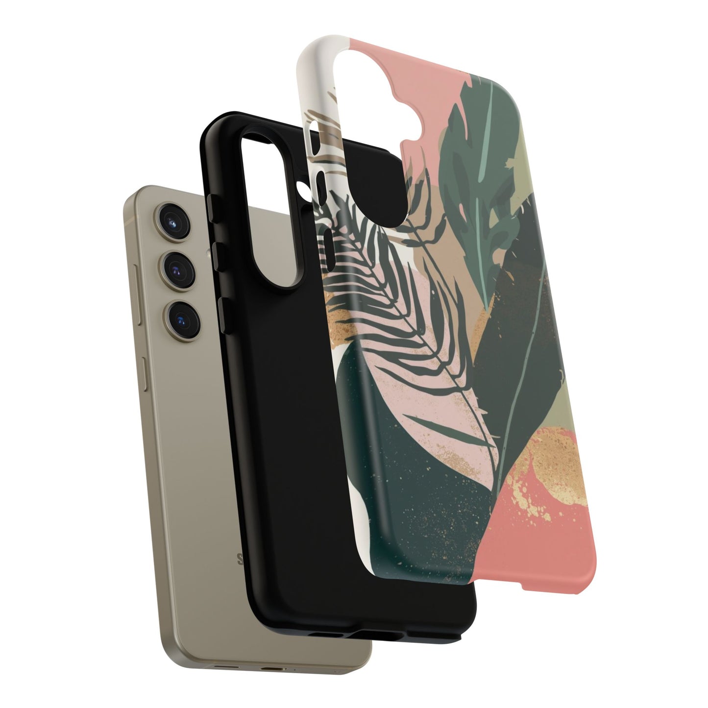 Tropical Leaf Tough Phone Case — Abstract Pink & Green Botanical Protective Cover