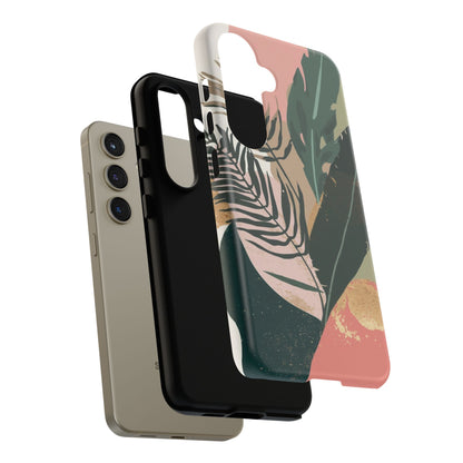 Tropical Leaf Tough Phone Case — Abstract Pink & Green Botanical Protective Cover