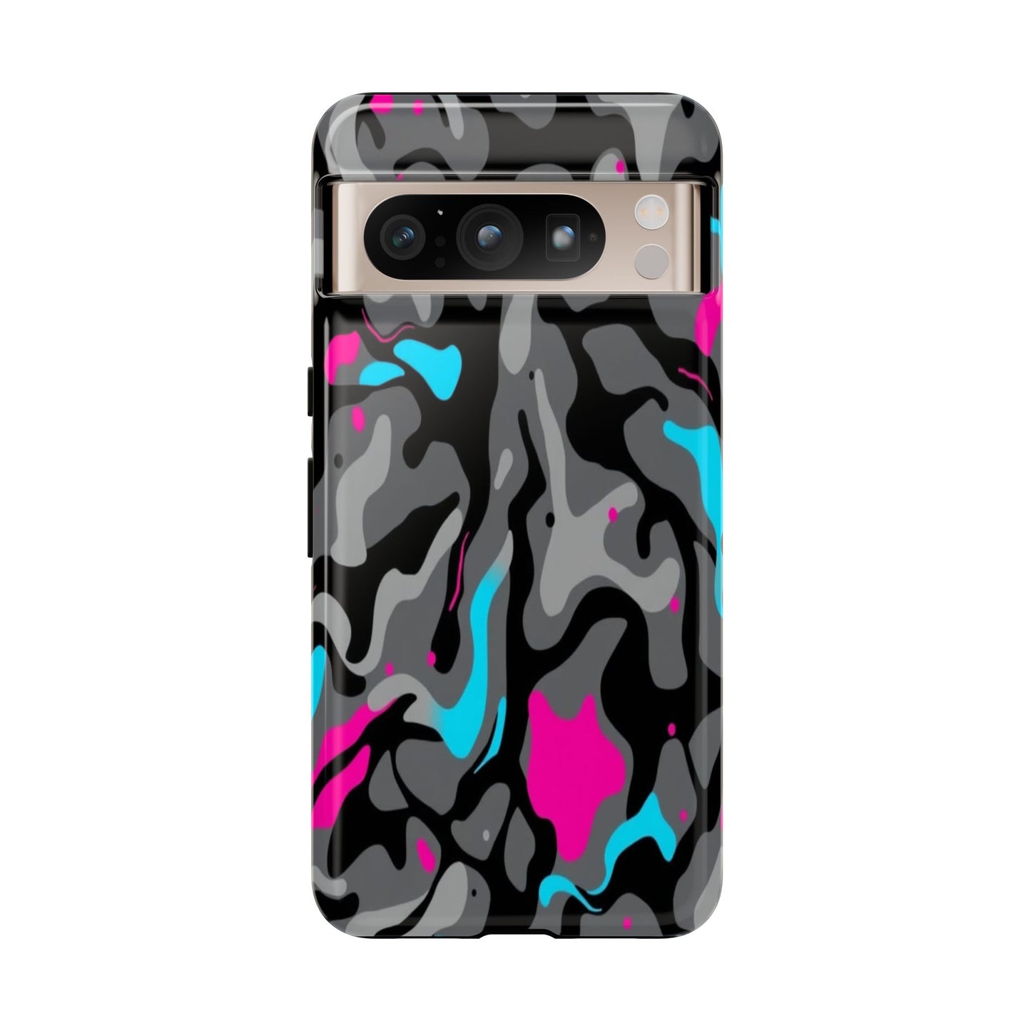 Camouflage Phone Case — Gray Camo with Neon Pink & Cyan Accent Tough Protective Cover
