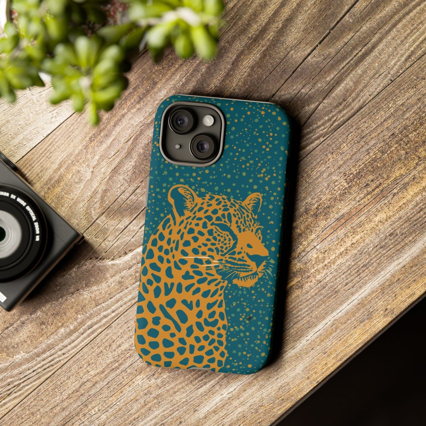 Leopard Spotlight Phone Case — Teal Gold Animal Print Protective Cover