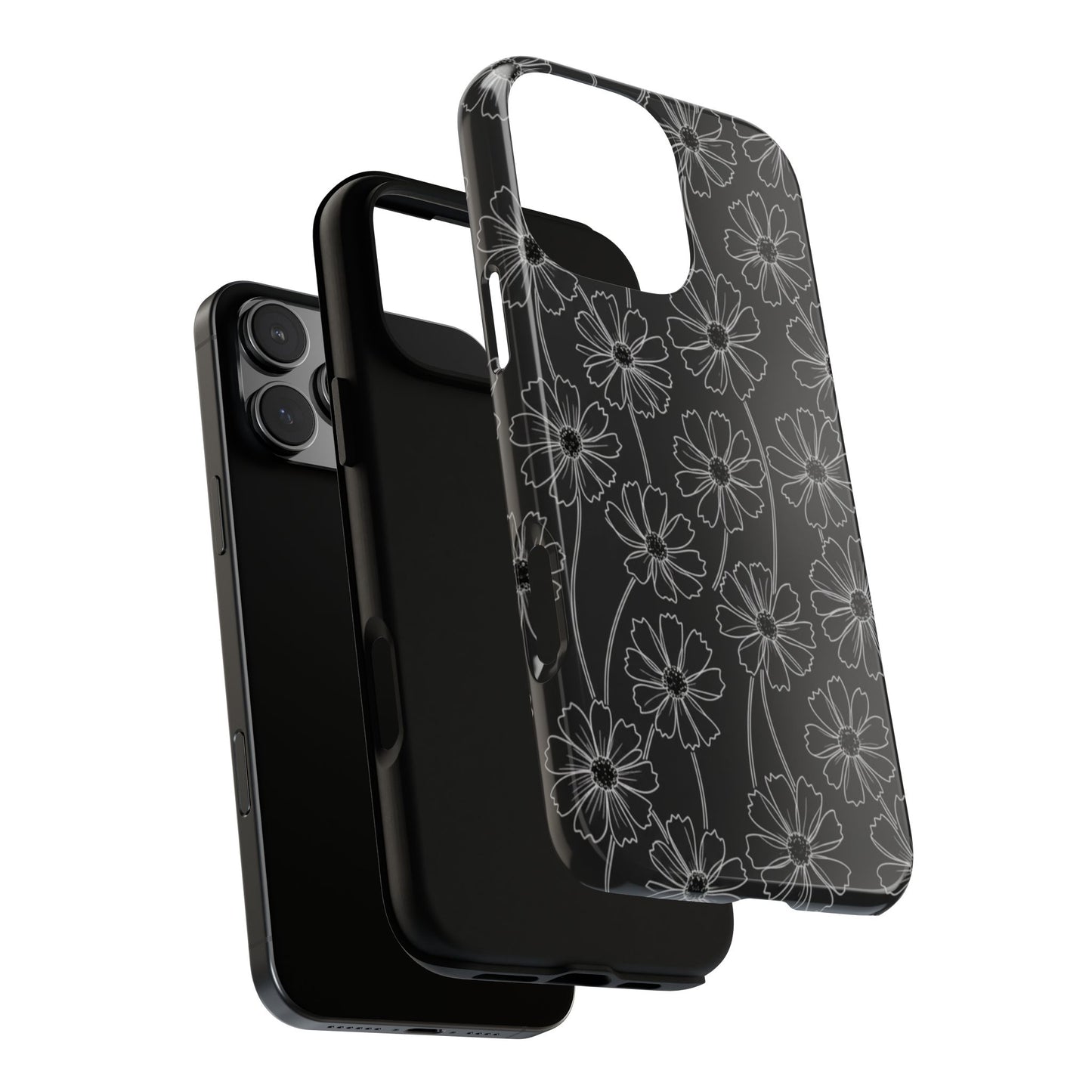 Floral Doodle Tough Phone Case — Black & Gray Daisy Pattern