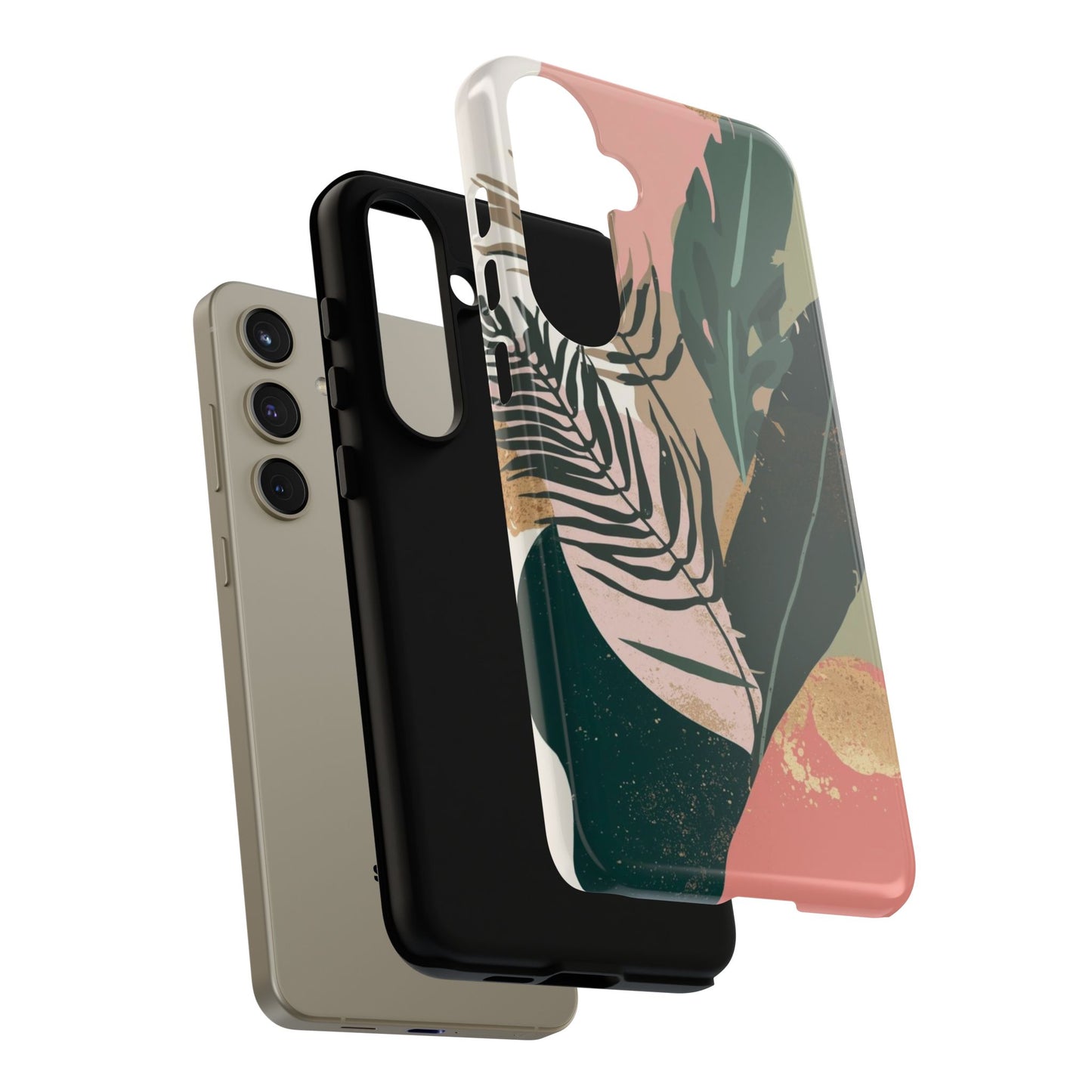 Tropical Leaf Tough Phone Case — Abstract Pink & Green Botanical Protective Cover