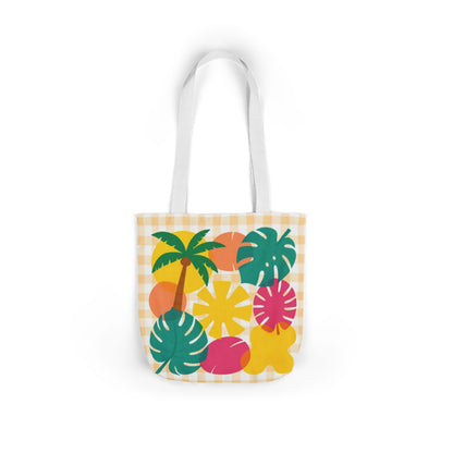 Tropical Gingham Canvas Tote — Colorful Palm & Monstera Beach Bag