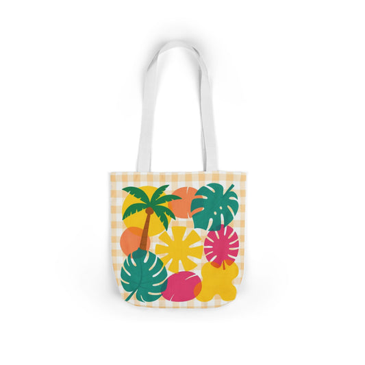 Tropical Gingham Canvas Tote — Colorful Palm & Monstera Beach Bag