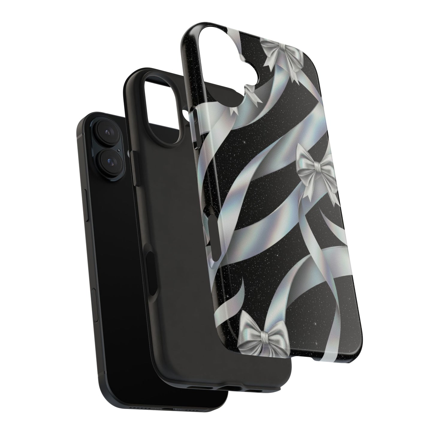 Silver Ribbon Bow Tough Phone Case — Glitter Black Protective Phone Case