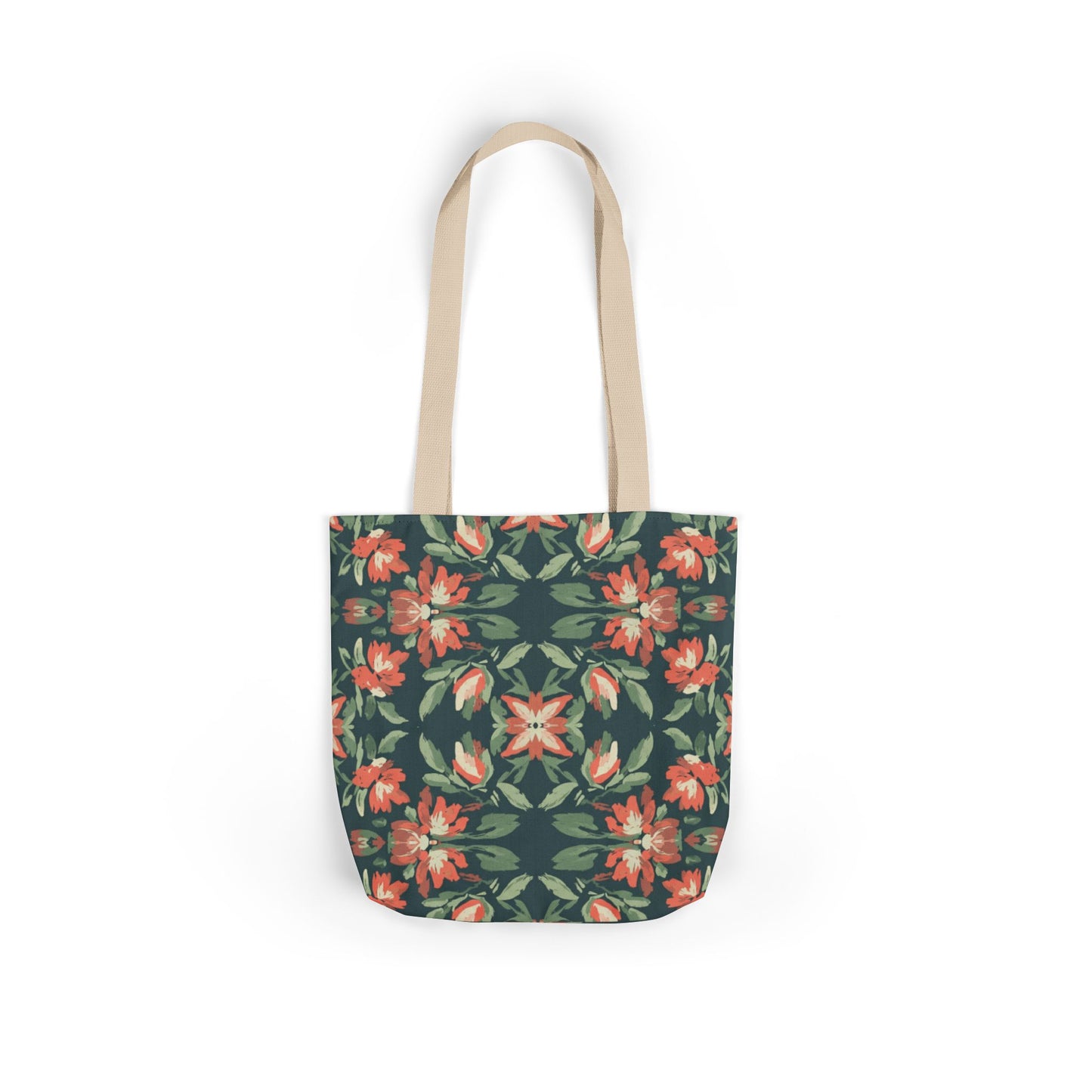 Floral Kaleidoscope Canvas Tote Bag — Green & Coral Patterned Market Tote