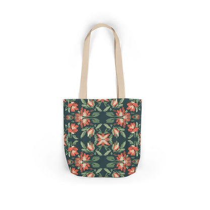 Floral Kaleidoscope Canvas Tote Bag — Green & Coral Patterned Market Tote