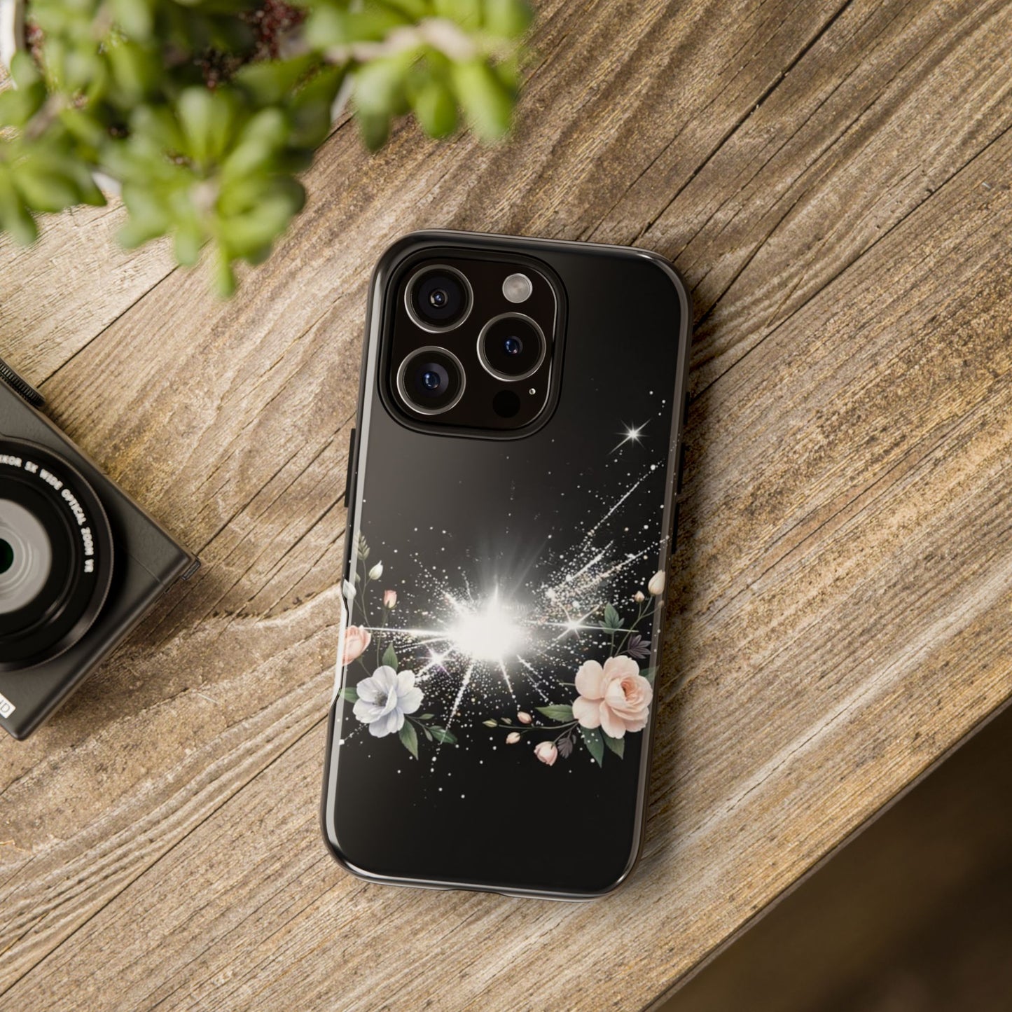 Floral Burst Phone Case — Protective Black Sparkle Design
